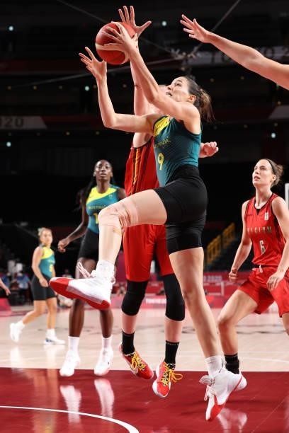 Bec Allen of Team Australia drives to the basket against Team Belgium during the first half of a Women's Preliminary Round Group C game on day four...
