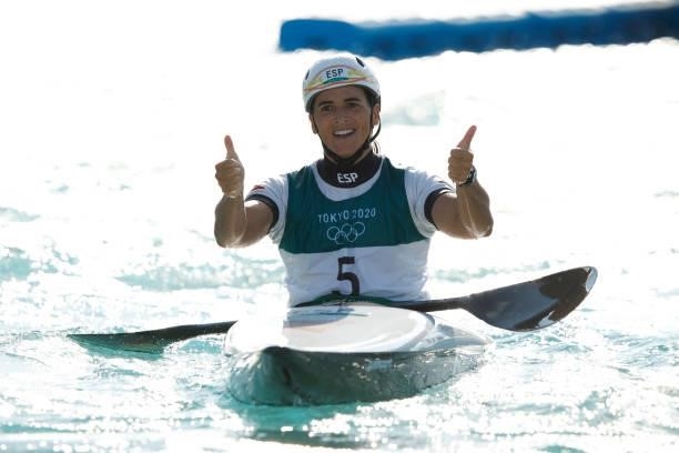Maialen Chourraut of Team Spain reacts after her run in the Women's Kayak Slalom Final on day four of the Tokyo 2020 Olympic Games at Kasai Canoe...