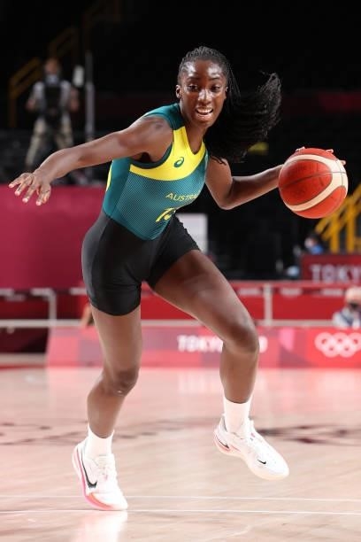 Ezi Magbegor of Team Australia drives to the basket against Team Belgium during the first half of a Women's Preliminary Round Group C game on day...