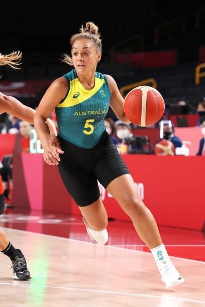 Leilani Mitchell of Team Australia drives to the basket against Team Belgium during the first half of a Women's Preliminary Round Group C game on day...