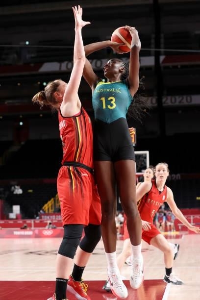 Ezi Magbegor of Team Australia shoots against Team Belgium during the first half of a Women's Preliminary Round Group C game on day four of the Tokyo...