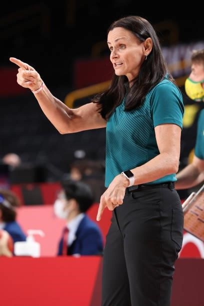 Team Australia Head Coach Sandy Brondello signals to her team during the first half of their Women's Preliminary Round Group C game against Team...