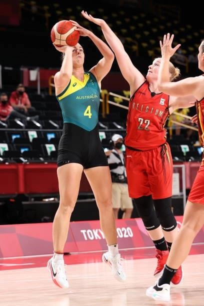 Jenna O'Hea of Team Australia takes a jump shot over Hanne Mestdagh of Team Belgium during the first half of a Women's Preliminary Round Group C game...