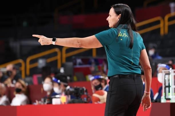 Team Australia Head Coach Sandy Brondello signals to her team during the first half of their Women's Preliminary Round Group C game against Team...