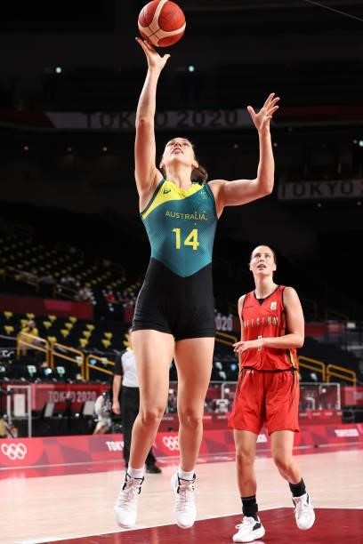 Marianna Tolo of Team Australia shoots against Team Belgium during the first half of a Women's Preliminary Round Group C game on day four of the...