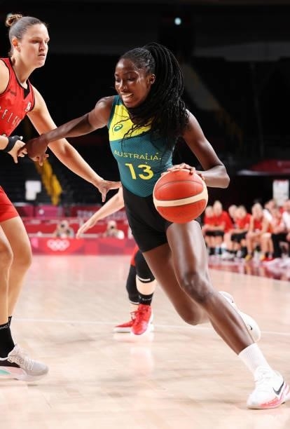Ezi Magbegor of Team Australia drives to the basket against Belgium during the first half of a Women's Preliminary Round Group C game on day four of...