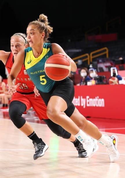 Leilani Mitchell of Team Australia drives past Julie Allemand of Team Belgium during the first half of a Women's Preliminary Round Group C game on...