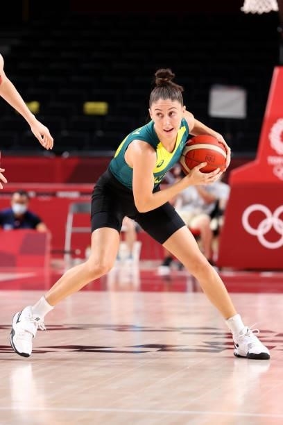 Jenna O'Hea of Team Australia sets up the offense against Belgium during the first half of a Women's Preliminary Round Group C game on day four of...
