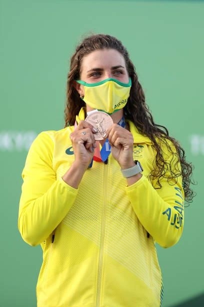 Bronze medalist Jessica Fox of Team Australia celebrates at the medal ceremony following the Women's Kayak Slalom Final on day four of the Tokyo 2020...