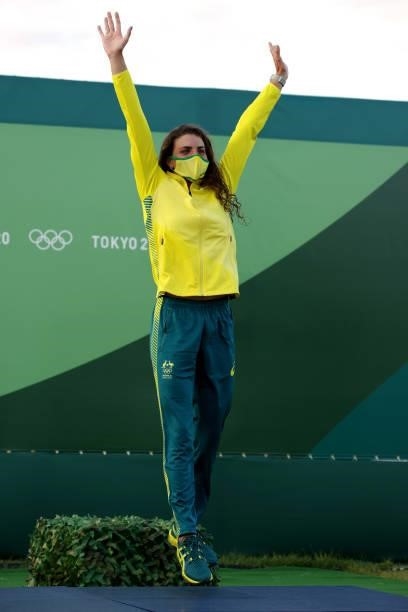 Bronze medalist Jessica Fox of Team Australia celebrates at the medal ceremony following the Women's Kayak Slalom Final on day four of the Tokyo 2020...