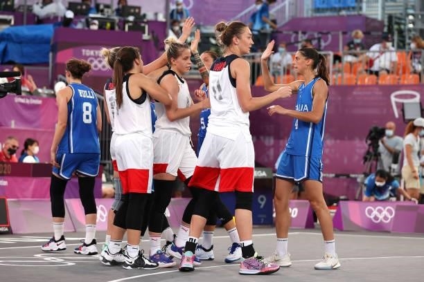 Olga Frolkina of Team ROC and team mates react after victory in the 3x3 Basketball competition on day four of the Tokyo 2020 Olympic Games at Aomi...