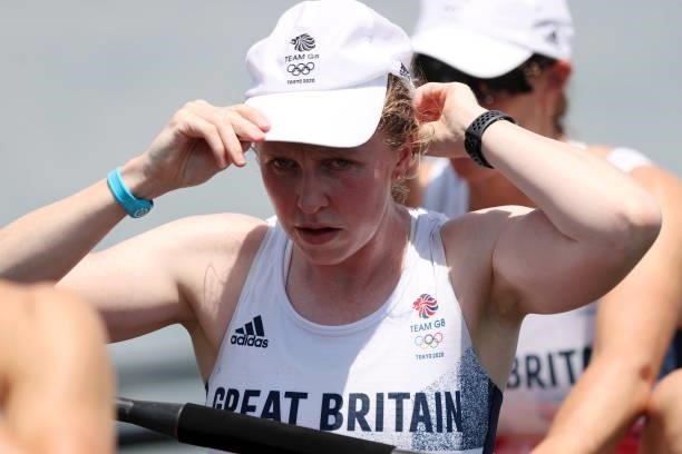 Rebecca Edwards of Team Great Britain adjusts her hat ahead of the Women's Eight Heat 1 on day one of the Tokyo 2020 Olympic Games at Sea Forest...