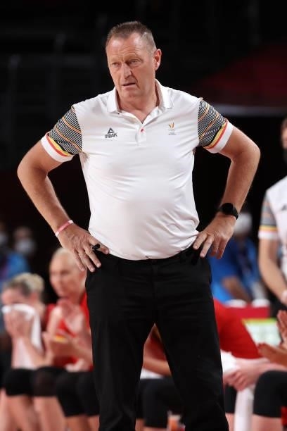 Team Belgium Head Coach Philip Mestdagh looks on from the bench during the first half of his team's Women's Preliminary Round Group C game against...