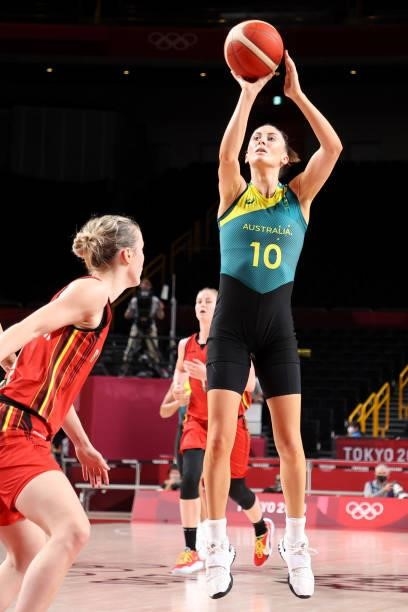 Katie Ebzery of Team Australia takes a jump shot against Belgium during the first half of a Women's Preliminary Round Group C game on day four of the...