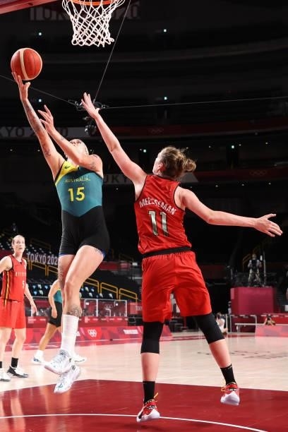 Alanna Smith of Team Australia drives to the basket against Emma Meesseman of Team Belgium for a layup during the first half of a Women's Preliminary...