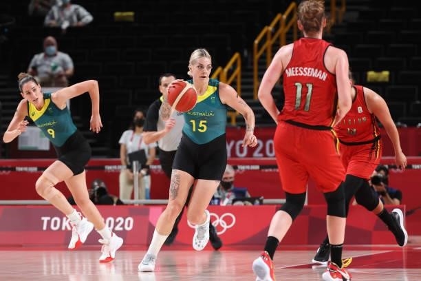 Cayla George of Team Australia brings the ball up the court against Belgium during the first half of a Women's Preliminary Round Group C game on day...