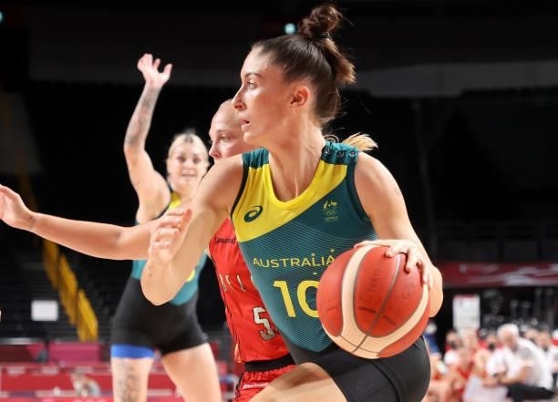 Katie Ebzery of Team Australia drives to the basket against Team Belgium during the first half of a Women's Preliminary Round Group C game on day...
