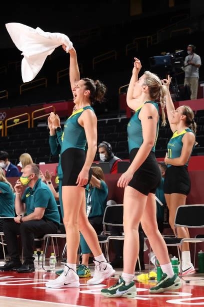 Marianna Tolo and Liz Cambage of Team Australia cheer on their teammates during the first half of their Women's Preliminary Round Group C game...