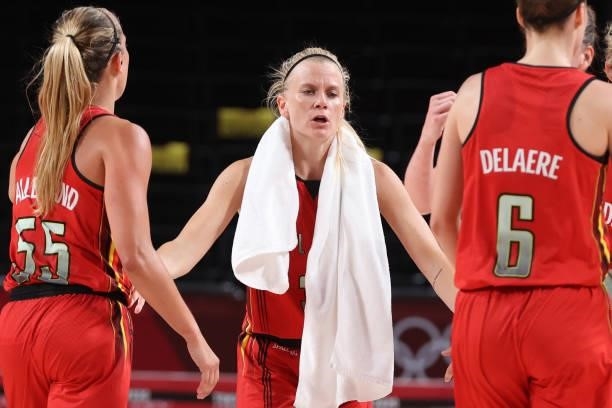 Julie Vanloo of Team Belgium greets her teammates as they leave the court for a timeout against Team Australia during the first half of a Women's...