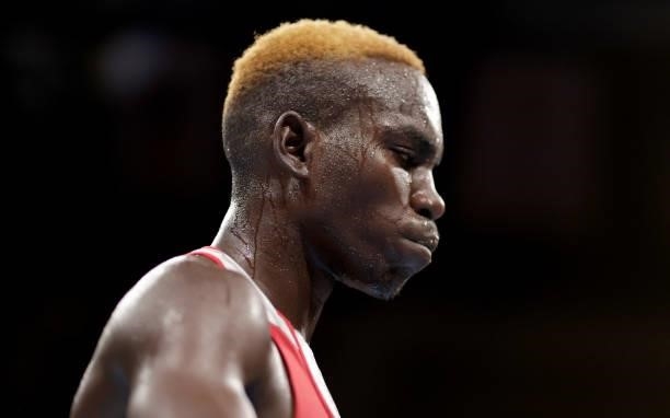 Stephen Zimba of Zimbabwe reacts after the Men's Welter on day four of the Tokyo 2020 Olympic Games at Kokugikan Arena on July 27, 2021 in Tokyo,...