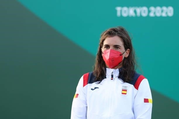 Silver medalist Maialen Chourraut of Team Spain celebrates at the medal ceremony following the Women's Kayak Slalom Final on day four of the Tokyo...