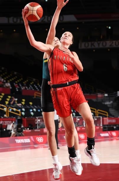 Antonia Delaere of Team Belgium drives to the basket against Team Australia during the second half of a Women's Preliminary Round Group C game on day...