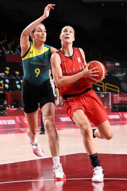 Antonia Delaere of Team Belgium drives to the basket against Bec Allen of Team Australia during the first half of a Women's Preliminary Round Group C...