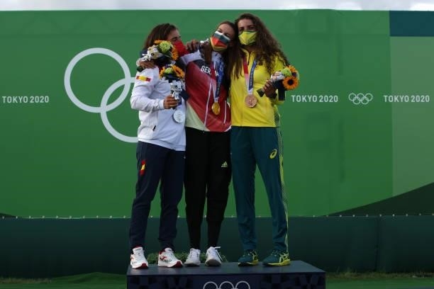 Silver medalist Maialen Chourraut of Team Spain, Gold medalist Ricarda Funk of Team Germany, and Bronze medalist Jessica Fox of Team Australia pose...