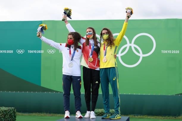 Silver medalist Maialen Chourraut of Team Spain, Gold medalist Ricarda Funk of Team Germany, and Bronze medalist Jessica Fox of Team Australia pose...