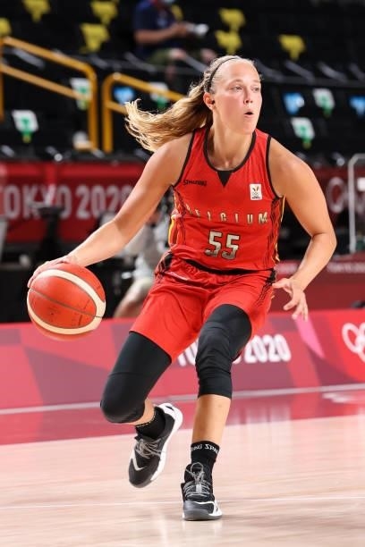 Julie Allemand of Team Belgium drives to the basket against Australia during the first half of a Women's Preliminary Round Group C game on day four...
