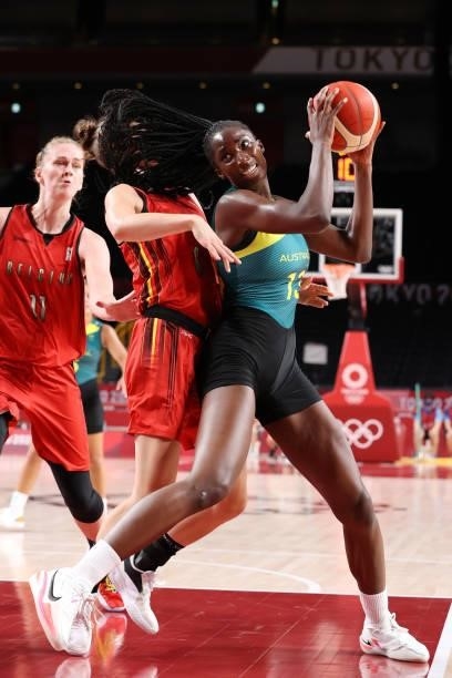 Ezi Magbegor of Team Australia drives to the basket against Antonia Delaere of Team Belgium during the first half of a Women's Preliminary Round...