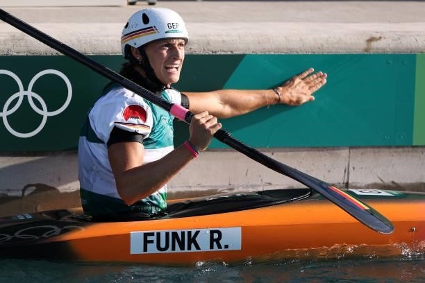 Ricarda Funk of Team Germany reacts after her run in the Women's Kayak Slalom Final on day four of the Tokyo 2020 Olympic Games at Kasai Canoe Slalom...