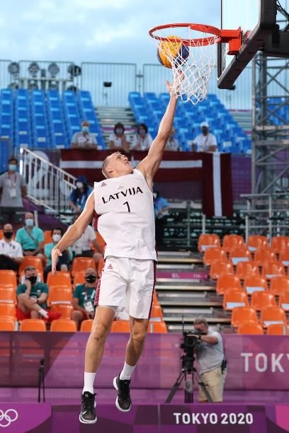 Nauris Miezis of Team Latvia drives to the basket in the 3x3 Basketball competition on day four of the Tokyo 2020 Olympic Games at Aomi Urban Sports...