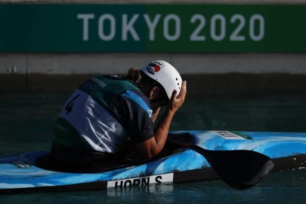 Stefanie Horn of Team Italy reacts after her run in the Women's Kayak Slalom Final on day four of the Tokyo 2020 Olympic Games at Kasai Canoe Slalom...