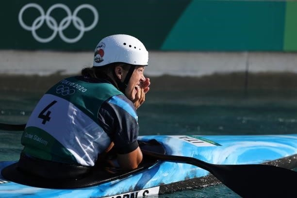 Stefanie Horn of Team Italy reacts after her run in the Women's Kayak Slalom Final on day four of the Tokyo 2020 Olympic Games at Kasai Canoe Slalom...