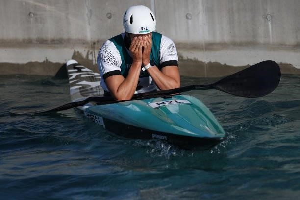 Luuka Jones of Team New Zealand reacts after her run in the Women's Kayak Slalom Final on day four of the Tokyo 2020 Olympic Games at Kasai Canoe...