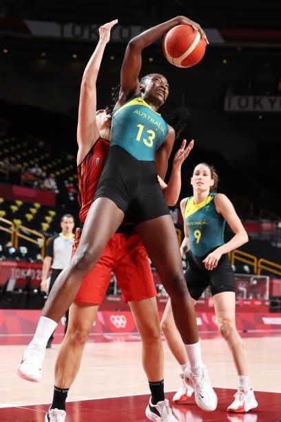 Ezi Magbegor of Team Australia pulls down a rebound against Belgium during the second half of a Women's Preliminary Round Group C game on day four of...
