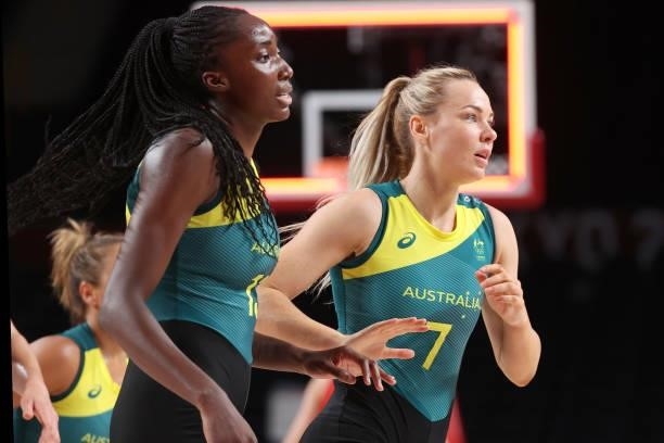 Tess Madgen and Ezi Magbegor of Team Australia jog off the court for a timeout during the second half of their Women's Preliminary Round Group C game...