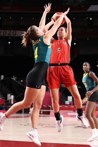 Antonia Delaere of Team Belgium drives to the basket against Jenna O'Hea of Team Australia during the second half of a Women's Preliminary Round...