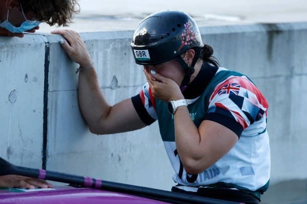 Kimberley Woods of Team Great Britain reacts to her run during the Women's Kayak Slalom Final on day four of the Tokyo 2020 Olympic Games at Kasai...