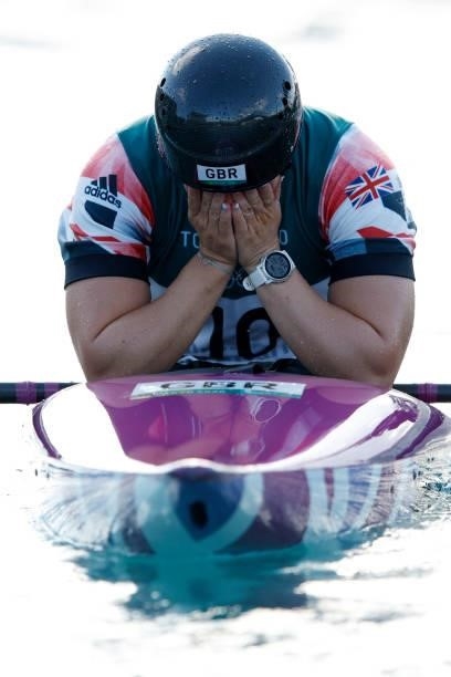 Kimberley Woods of Team Great Britain reacts to her run during the Women's Kayak Slalom Final on day four of the Tokyo 2020 Olympic Games at Kasai...