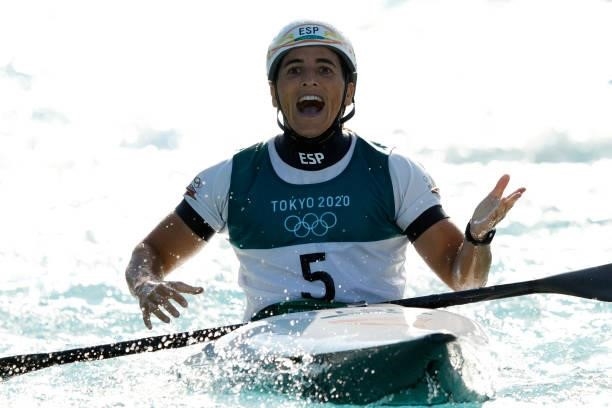 Maialen Chourraut of Team Spain reacts after her run in the Women's Kayak Slalom Final on day four of the Tokyo 2020 Olympic Games at Kasai Canoe...