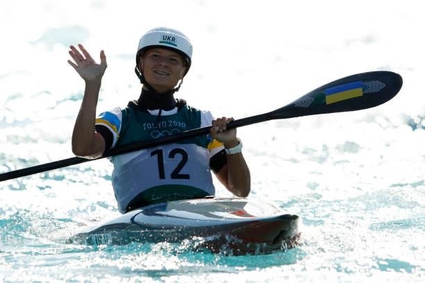 Viktoriia Us of Team Ukraine reacts after her run in the Women's Kayak Slalom Final on day four of the Tokyo 2020 Olympic Games at Kasai Canoe Slalom...