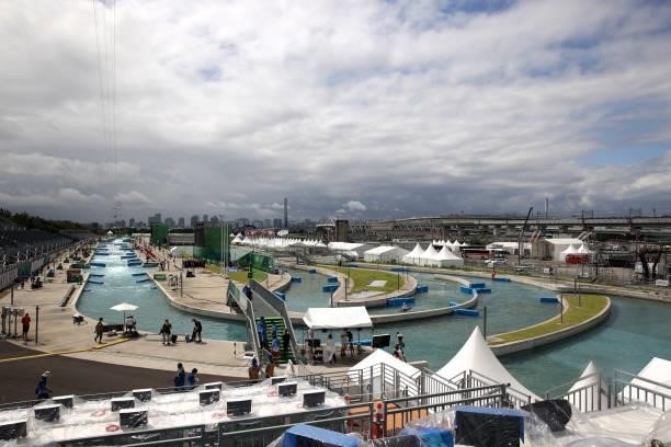 View of the Kasai Canoe Slalom Centre prior to the Women's Kayak Slalom Final on day four of the Tokyo 2020 Olympic Games on July 27, 2021 in Tokyo,...