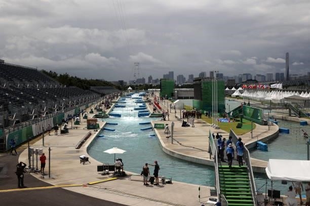 View of the Kasai Canoe Slalom Centre prior to the Women's Kayak Slalom Final on day four of the Tokyo 2020 Olympic Games on July 27, 2021 in Tokyo,...