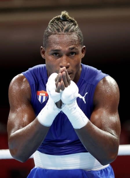 Julio la Cruz of Cuba reacts after the Men's Heavy on day four of the Tokyo 2020 Olympic Games at Kokugikan Arena on July 27, 2021 in Tokyo, Japan.