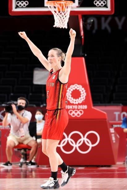 Kim Mestdagh of Team Belgium celebrates her team's victory over Australia in their Women's Preliminary Round Group C game on day four of the Tokyo...