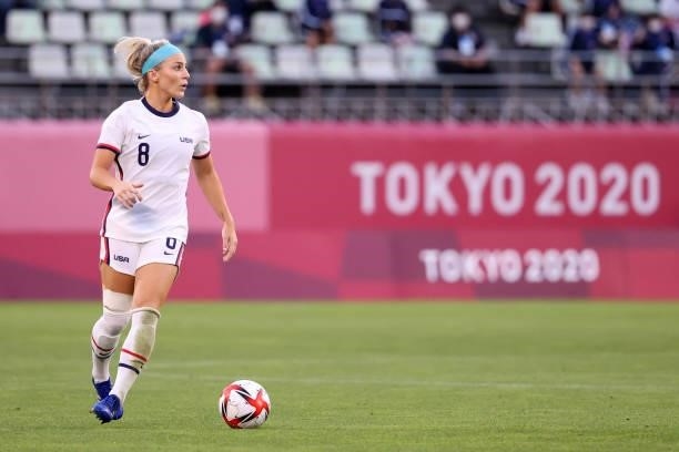 Julie Ertz of Team United States in action during the Women's Football Group G match between United States and Australia on day four of the Tokyo...