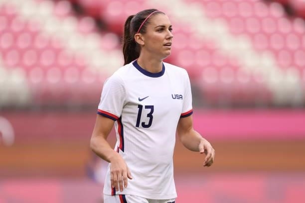 Alex Morgan of Team United States looks on during the Women's Football Group G match between United States and Australia on day four of the Tokyo...