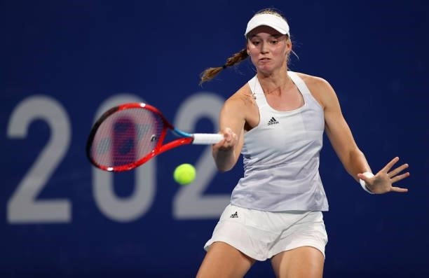 Elena Rybakina of Team Kazakhstan plays a forehand during her Women's Singles Third Round match against Donna Vekic of Team Croatia on day four of...